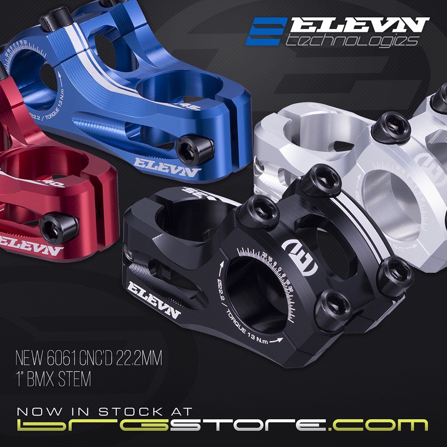 Our all new 6061 CNC'd 22.2 BMX stem has an ultra light overall weight and is offered in 3 length options to help get you the perfect reach and set up on your bike. Designed with detail to attention in mind, the new Elevn 22.2 stem features smooth rounded edges and beveled sides, a 2 piece weight saving top cap mounting system, 6mm Allen bolts, laser etched graphics and adjustment gauges. Offered in 4 colors and 3 sizes, our new Elevn stem has options for everyone using a 22.2 bar, giving you a stiffer & lighter front end! Available now on BRGstore.com