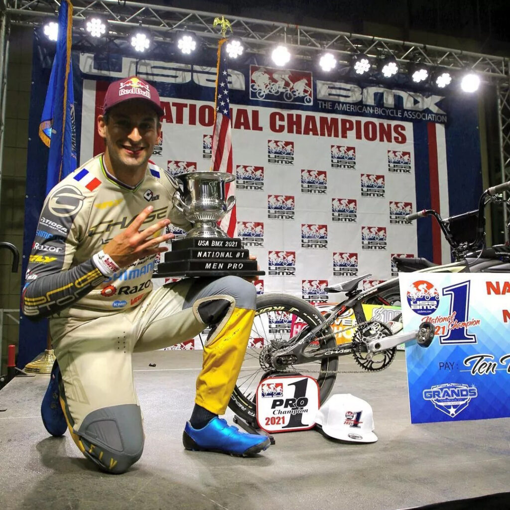 Joris Daudet wins the USA BMX Grand National Main event and the 2021 USA BMX #1 Pro title. This marks Joris 4th USA BMX #1 Pro Title, pitting him in the history books with great riders such as Gary Ellis and Pete Loncarovich, all wining 4 USA BMX Pro Titles.